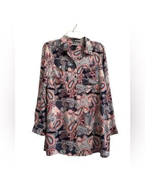 New Directions Paisley Button Up Blouse Womens Large Roll Tab Pockets Multicolor